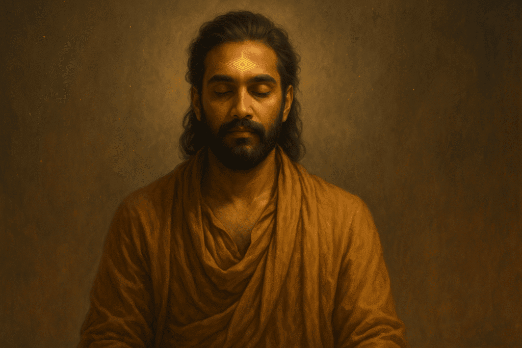 Man meditating to open the third eye, spiritual awakening, psychic development.