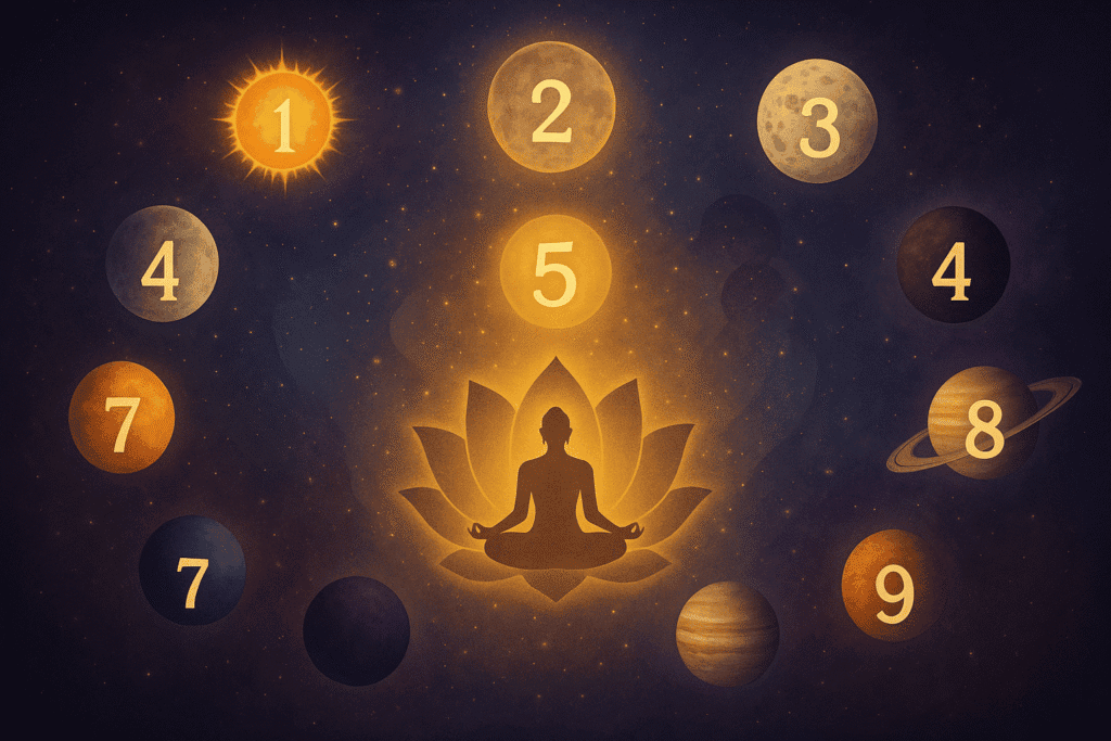 Numerology chart with planets and spiritual symbols for divine potential.