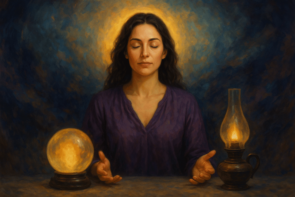 Female psychic medium meditating with crystal ball and oil lamp for spiritual guidance.