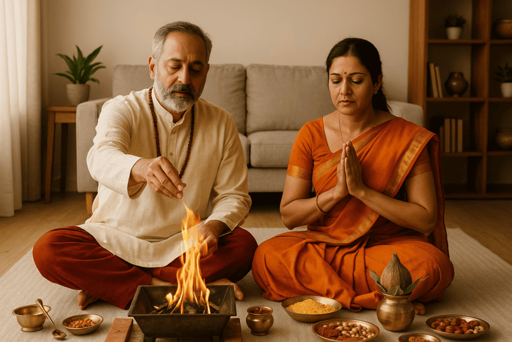Havan fire ritual performed at home for spiritual growth and positive energy.