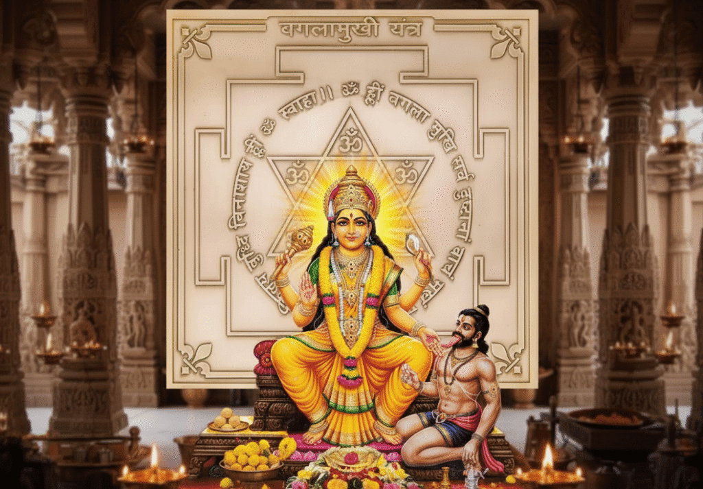 Sacred Baglamukhi Yantra image symbolizing victory and silence over negative energies.