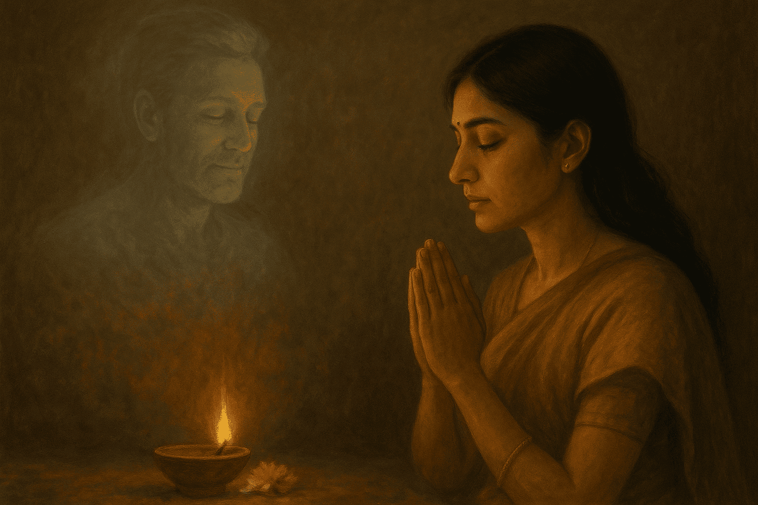 Woman praying with a spiritual medium connecting to departed souls, candlelight, mystical atmosphere.