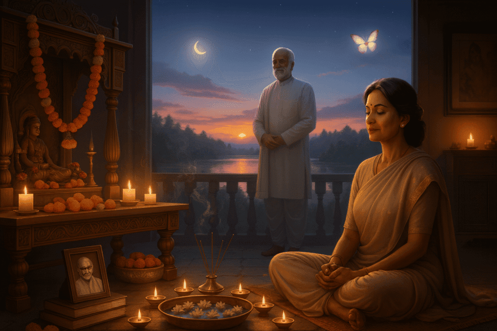 Woman meditating in spiritual ritual to connect with departed souls at sunset.