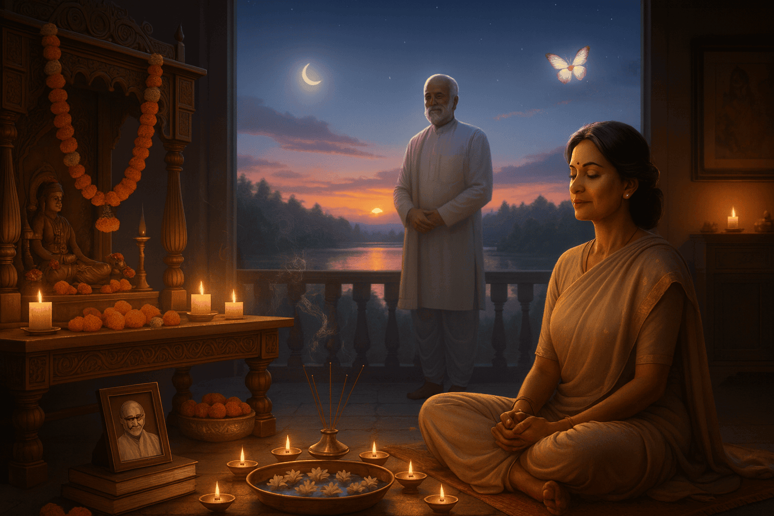 Woman meditating in spiritual ritual to connect with departed souls at sunset.