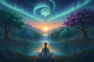 Serene woman meditating by a waterfall with aurora borealis and lotus symbol in the sky.