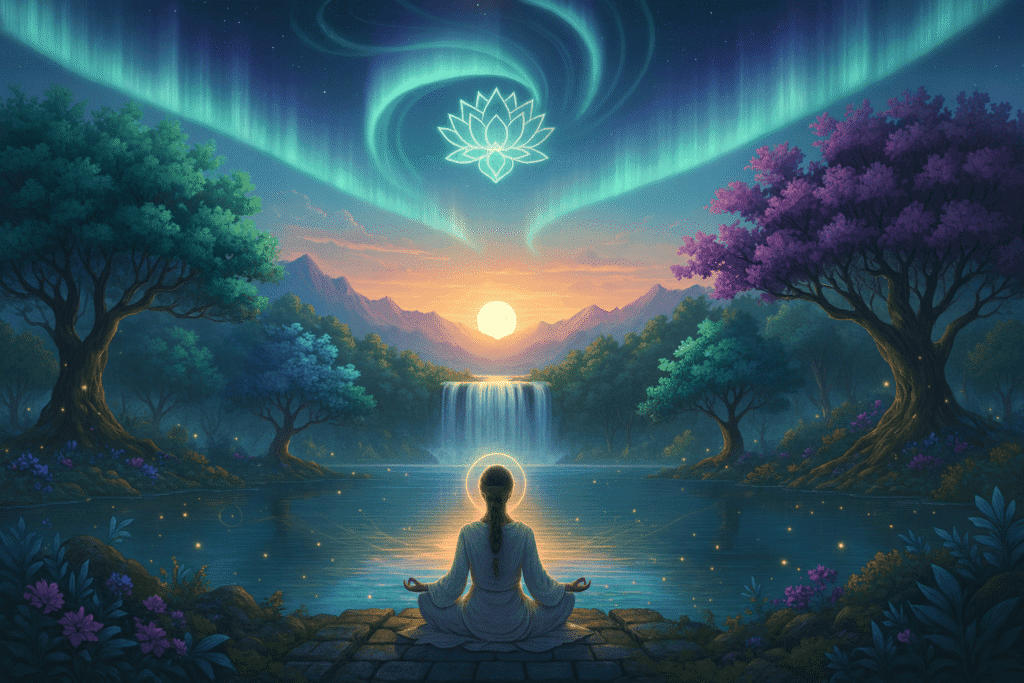 Woman meditating by a serene lake with northern lights and spiritual energy above.