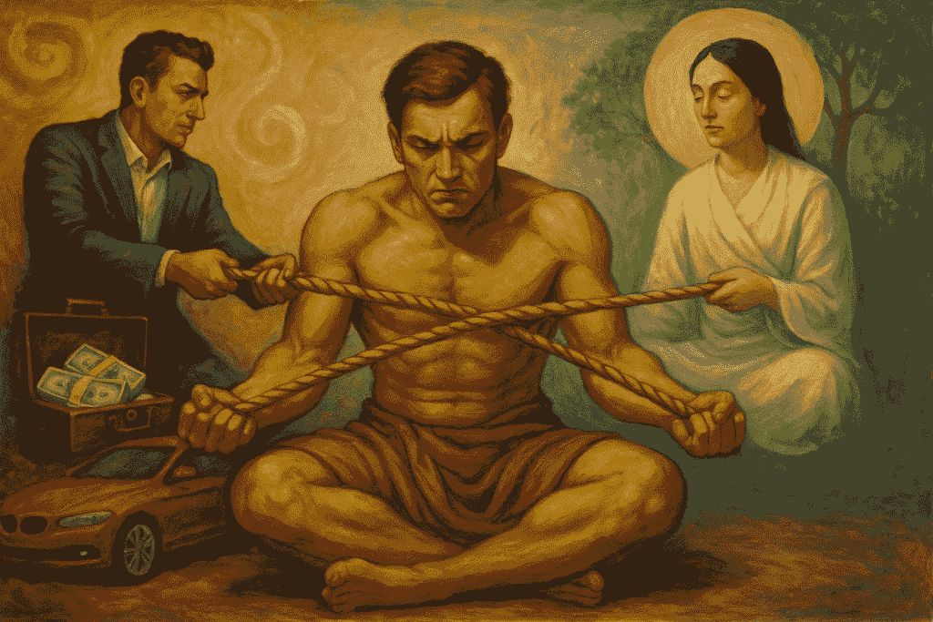 Man torn between material wealth and spiritual enlightenment, symbolizing inner struggle.