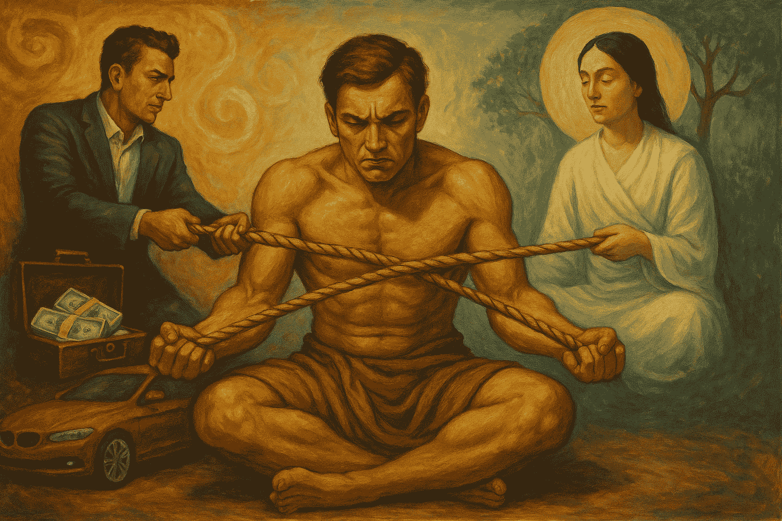 Man torn between material wealth and spiritual enlightenment, symbolizing inner struggle.