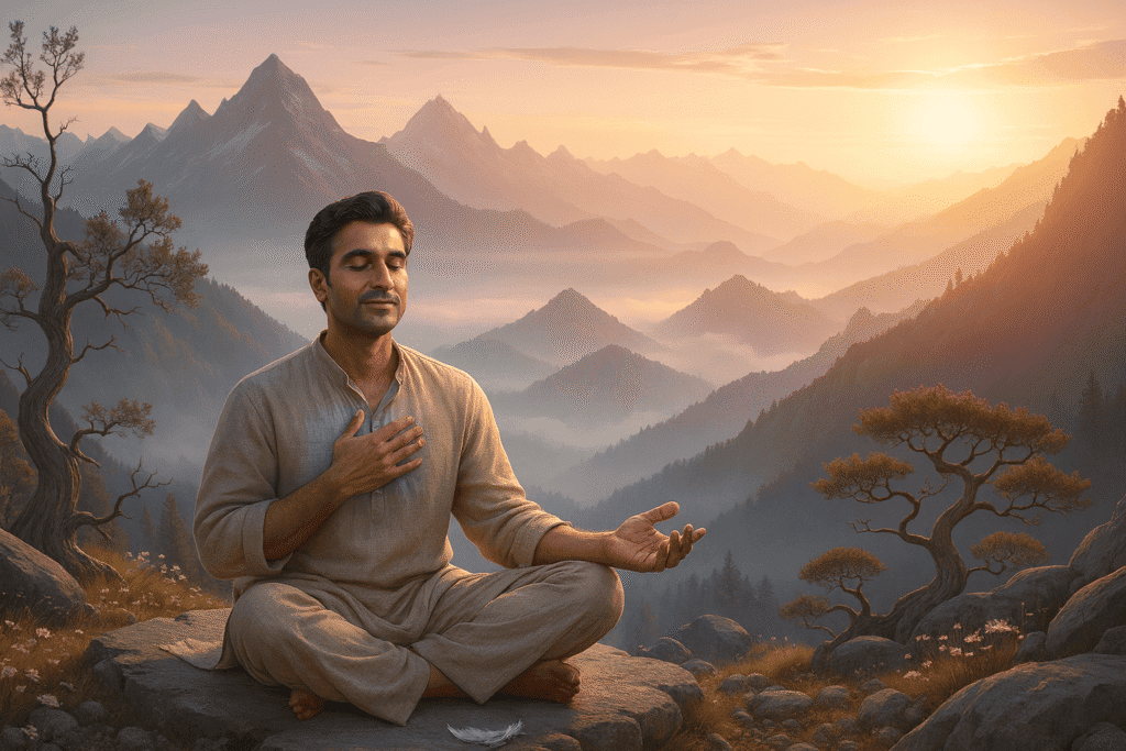Meditative man practicing mindfulness and spiritual connection in a serene mountain landscape.