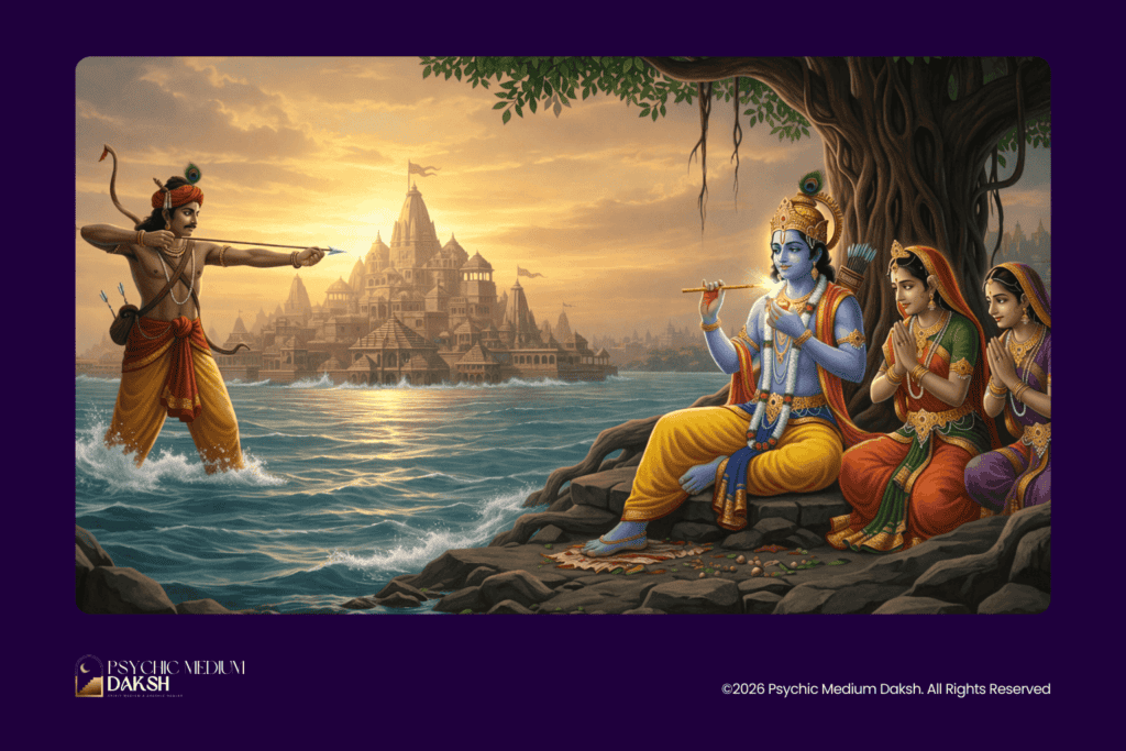 What Happened to Krishna Body After Death | Krishna playing flute with disciples near river, temple in background, spiritual scene.