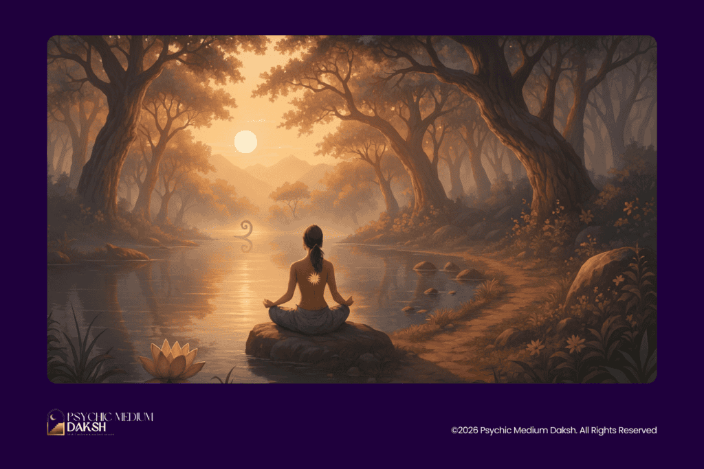 Meditating woman by tranquil river in a peaceful forest at sunset, symbolizing spiritual happiness a.