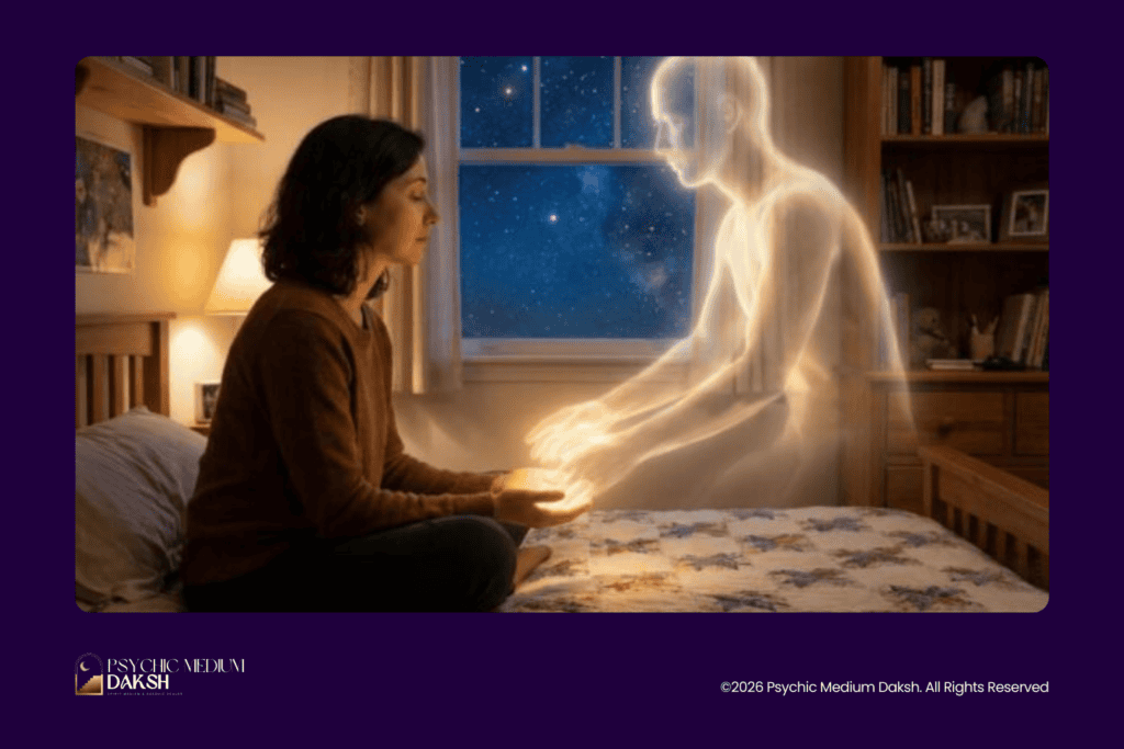 Woman connecting with a spiritual guide representing a loved one who passed away.
