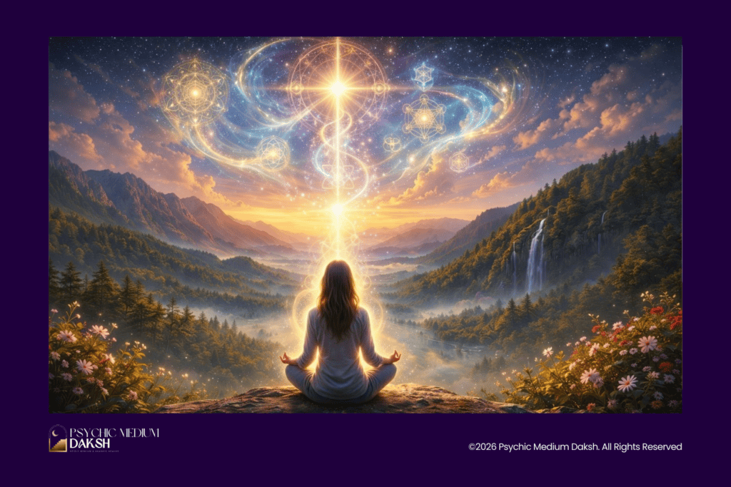 Woman meditating in nature with cosmic energy and light symbols above her.