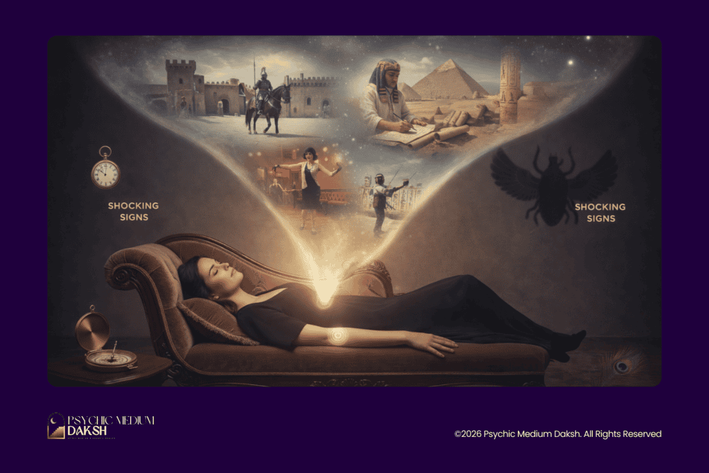 past life regression reading | Woman experiencing past life regression with historical and mystical imagery in the background.