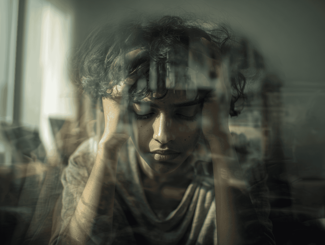 Reflective young woman with hands on head, seeking clarity and spiritual guidance.