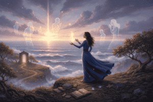Woman performing mediumship with spirits in a mystical landscape at sunset.