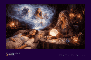 Psychic medium Daksh performing a past life reading with dream imagery and spiritual symbols.