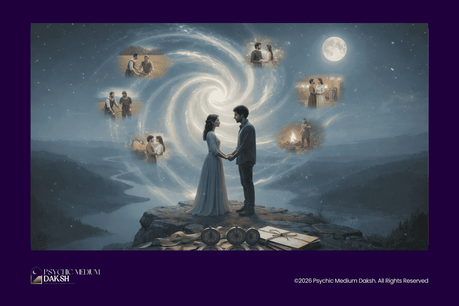 Visual of a couple holding hands under a starry sky with past life memories floating around.