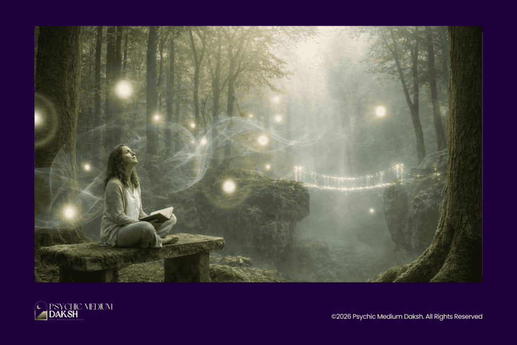 Mediumship and spiritual connection in a mystical forest scene.