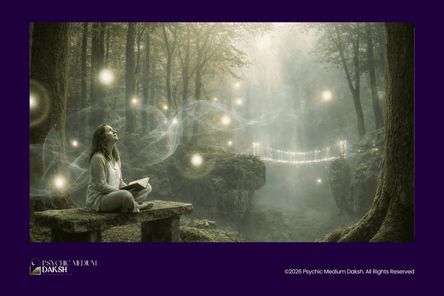 Mediumship and spiritual connection in a mystical forest scene.