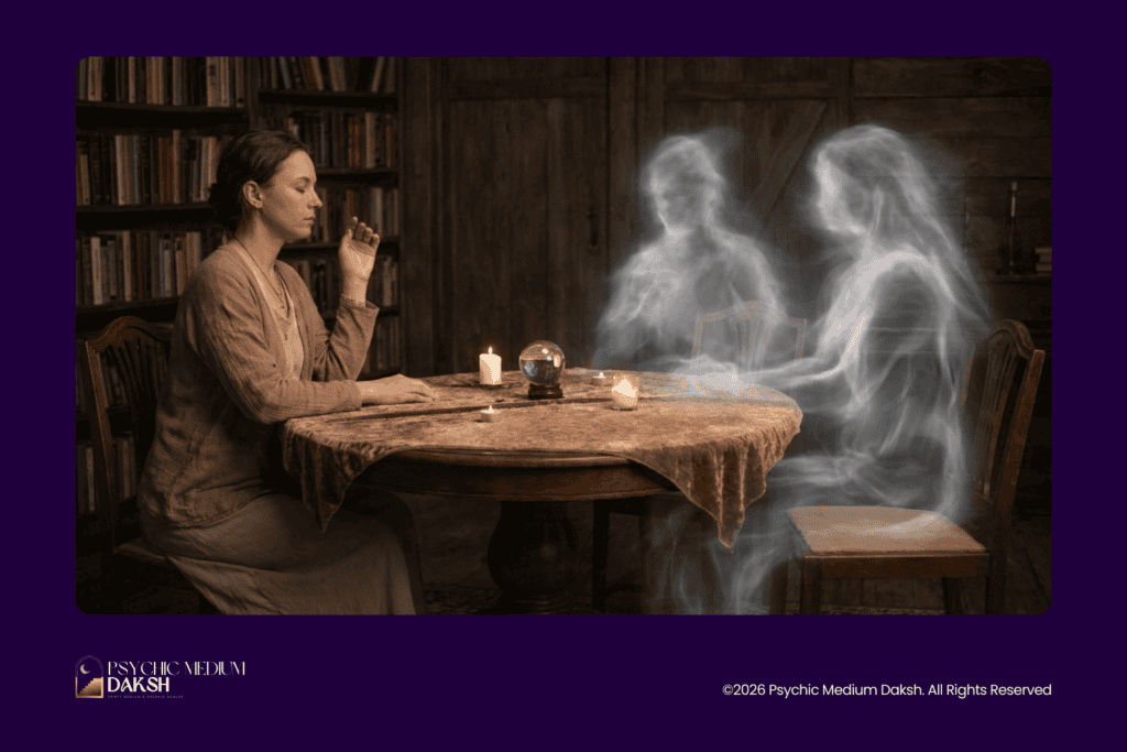Medium communicating with spirits through psychic energy and intuition.