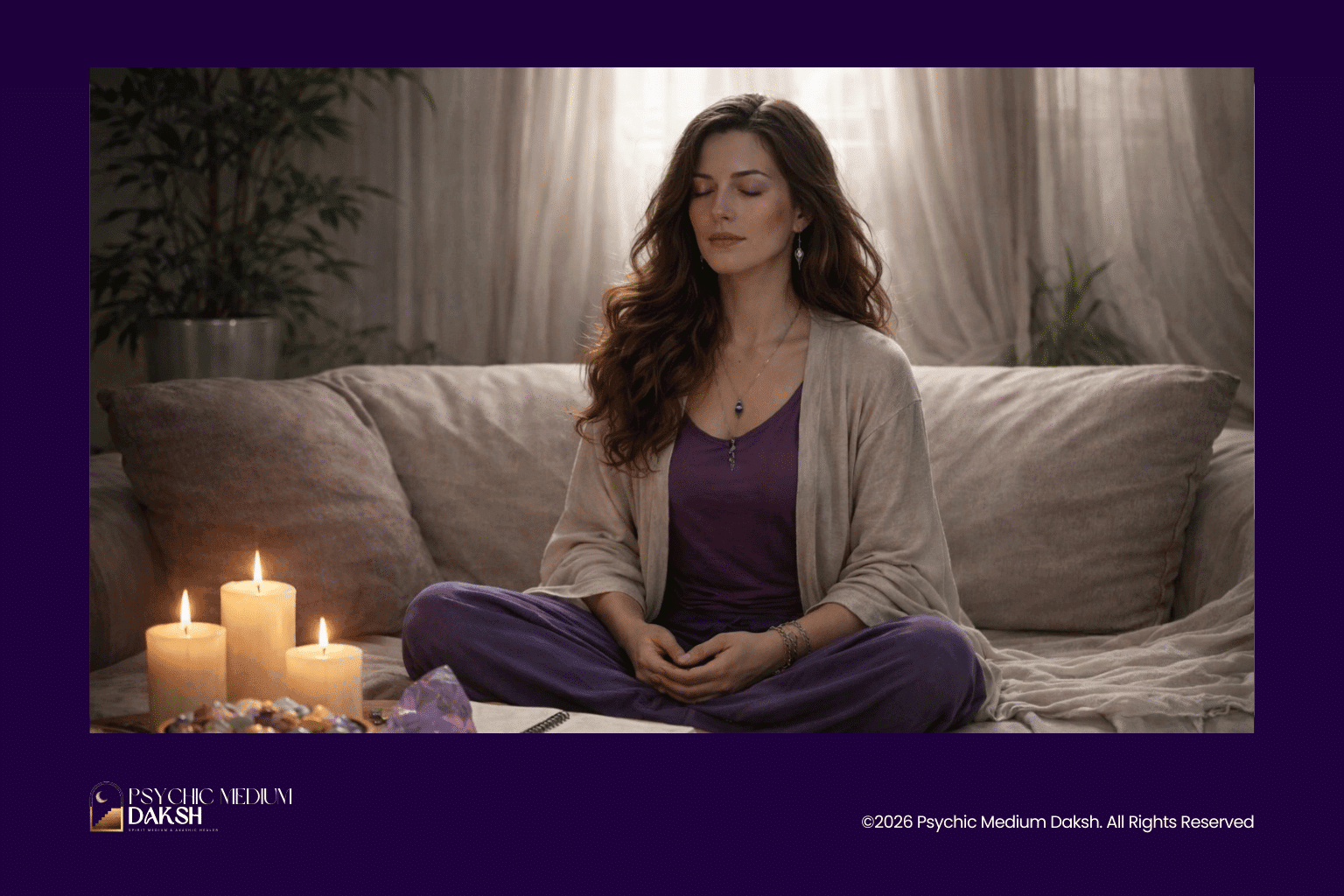 Psychic medium Daksh meditating, energy work, spiritual healing, mediumship practice.