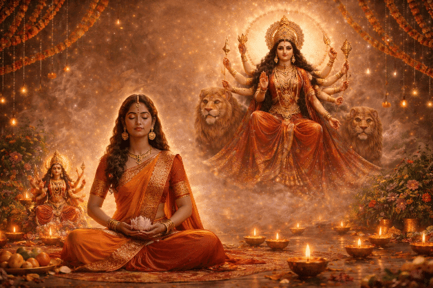 Goddess Durga meditating during Navratri festival with lions and traditional decor.